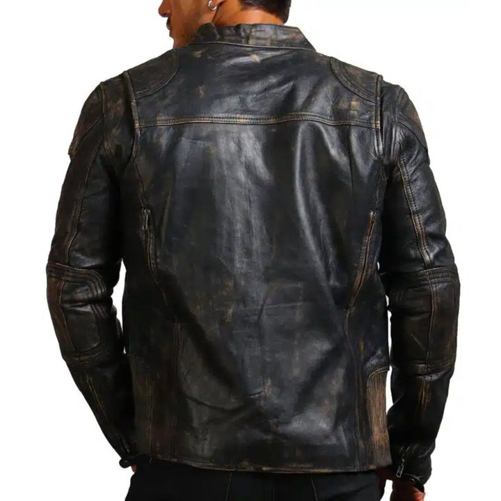 Men Black Motorcycle Leather Jacket - XS - Men Black Motorcycle Leather Jacket - Tatoo Tee