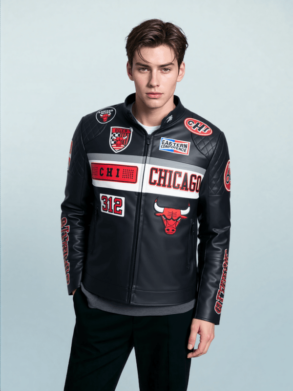 Men NBA Chicago Bulls Moto Jacket - S - BLACK/WHITE - Men NBA Chicago Bulls Moto Jacket - Tatoo Tee