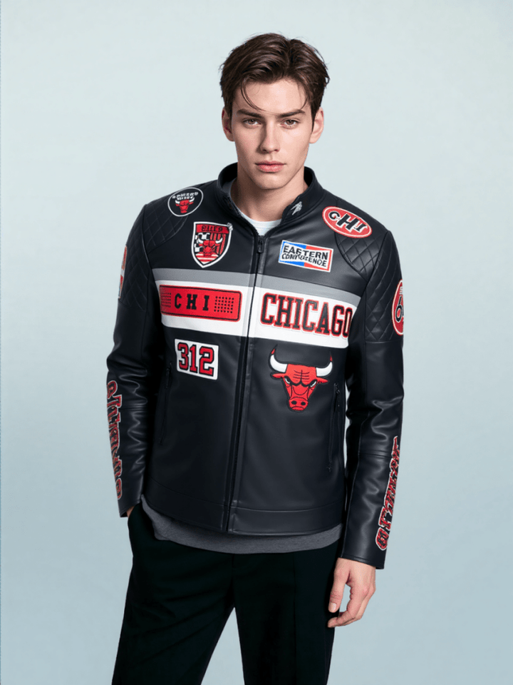 Men NBA Chicago Bulls Moto Jacket - S - BLACK/WHITE - Men NBA Chicago Bulls Moto Jacket - Tatoo Tee