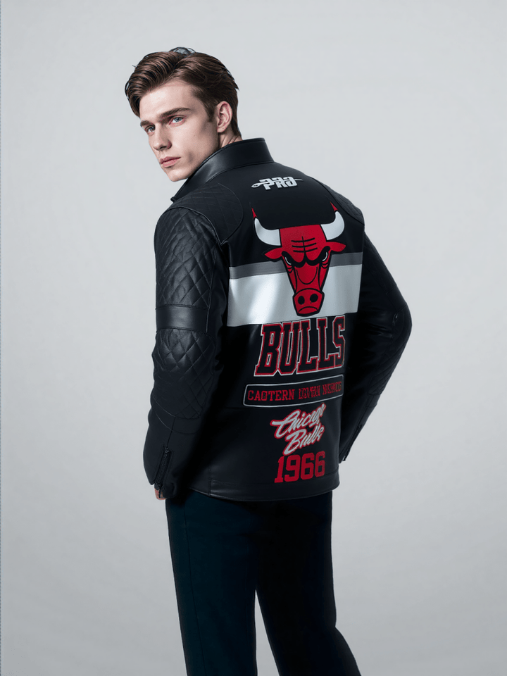 Men NBA Chicago Bulls Moto Jacket - S - BLACK/WHITE - Men NBA Chicago Bulls Moto Jacket - Tatoo Tee