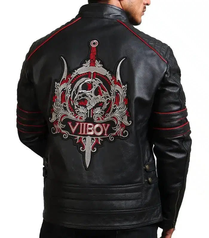 Men Sword Black Cowhide Leather Jacket - Male - XS - Men Sword Black Cowhide Leather Jacket - Tatoo Tee