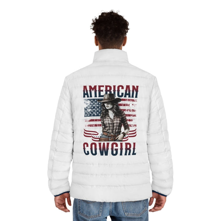 Men's American Cowgirl Puffer Jacket - Stylish Winter Outerwear - S - Dark blue zipper - Men's American Cowgirl Puffer Jacket - Stylish Winter Outerwear - Tatoo Tee
