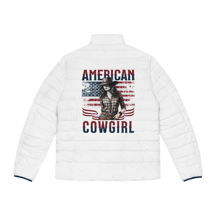 Men's American Cowgirl Puffer Jacket - Stylish Winter Outerwear - S - Dark blue zipper - Men's American Cowgirl Puffer Jacket - Stylish Winter Outerwear - Tatoo Tee