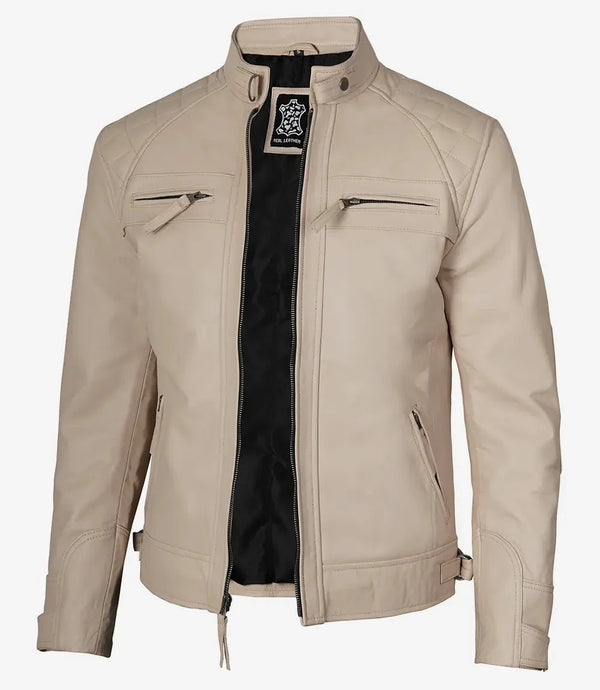 Men's Beige Cafe Racer Leather Jacket