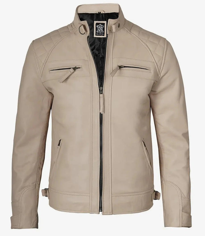 Men's Beige Cafe Racer Leather Jacket - XS - Men's Beige Cafe Racer Leather Jacket - Tatoo Tee