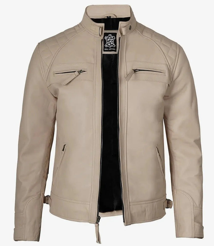 Men's Beige Cafe Racer Leather Jacket - XS - Men's Beige Cafe Racer Leather Jacket - Tatoo Tee