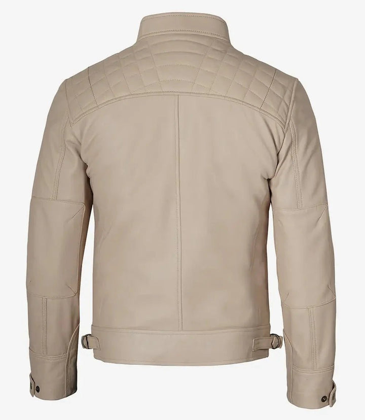 Men's Beige Cafe Racer Leather Jacket - XS - Men's Beige Cafe Racer Leather Jacket - Tatoo Tee