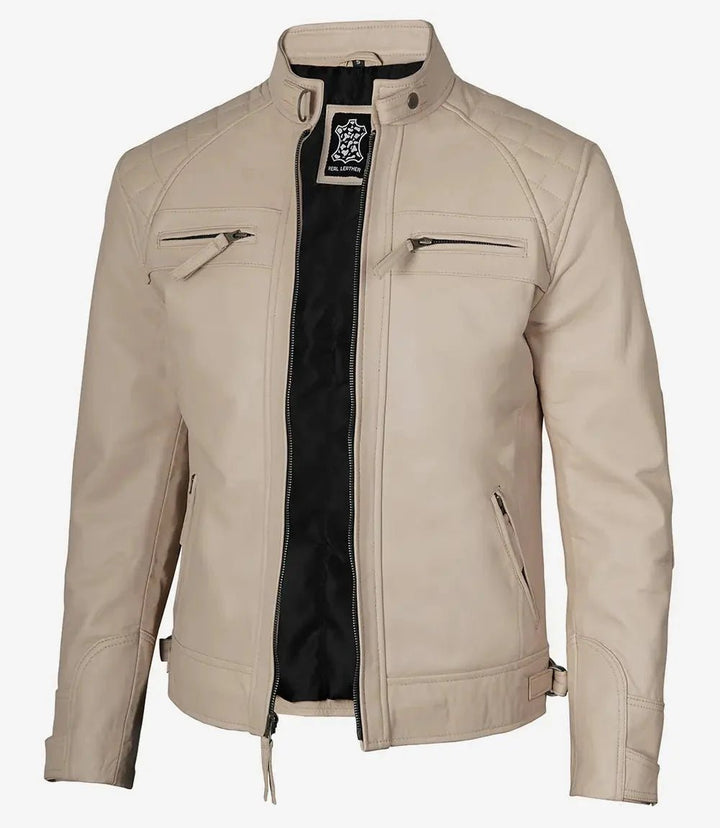 Men's Beige Cafe Racer Leather Jacket - XS - Men's Beige Cafe Racer Leather Jacket - Tatoo Tee