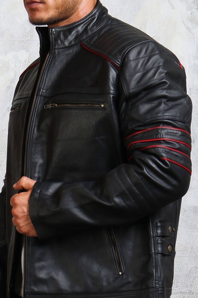 Men's Biker Black and Red Leather Jacket - X - Small - Black - Men's Biker Black and Red Leather Jacket - Tatoo Tee