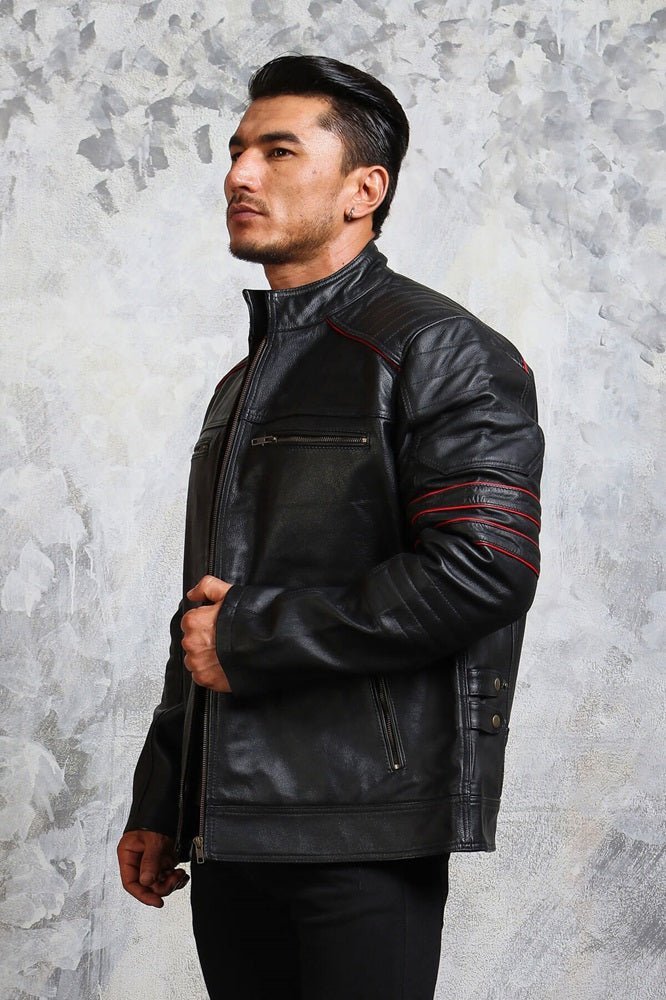 Men's Biker Black and Red Leather Jacket - X - Small - Black - Men's Biker Black and Red Leather Jacket - Tatoo Tee