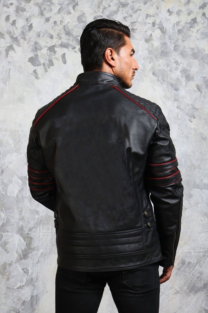 Men's Biker Black and Red Leather Jacket - X - Small - Black - Men's Biker Black and Red Leather Jacket - Tatoo Tee