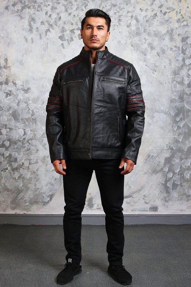 Men's Biker Black and Red Leather Jacket - X - Small - Black - Men's Biker Black and Red Leather Jacket - Tatoo Tee