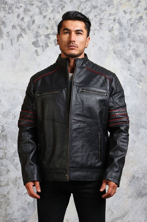 Men's Biker Black and Red Leather Jacket - X - Small - Black - Men's Biker Black and Red Leather Jacket - Tatoo Tee