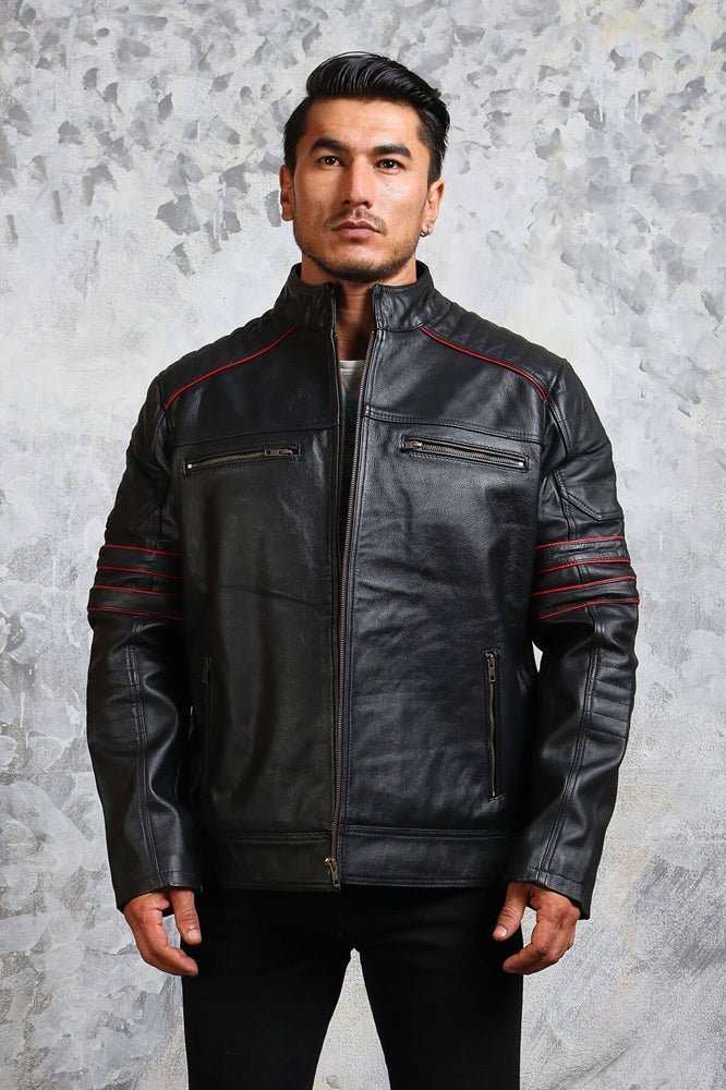 Men's Biker Black and Red Leather Jacket - X - Small - Black - Men's Biker Black and Red Leather Jacket - Tatoo Tee