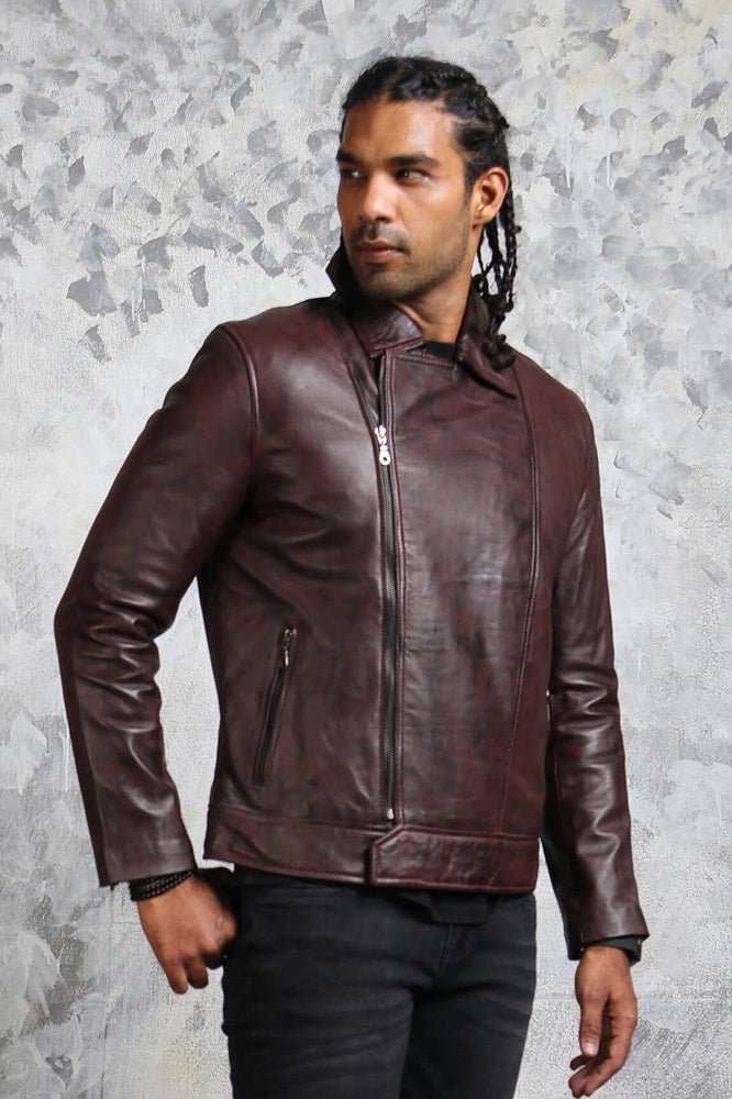 Men's Biker Brown Leather Jacket - X - Small - Dark Brown - Men's Biker Brown Leather Jacket - Tatoo Tee