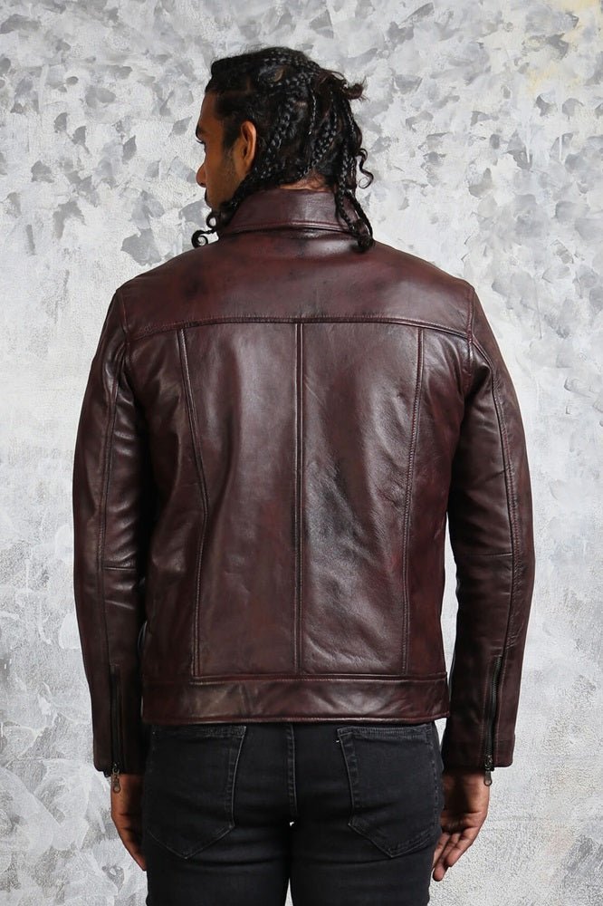 Men's Biker Brown Leather Jacket - X - Small - Dark Brown - Men's Biker Brown Leather Jacket - Tatoo Tee