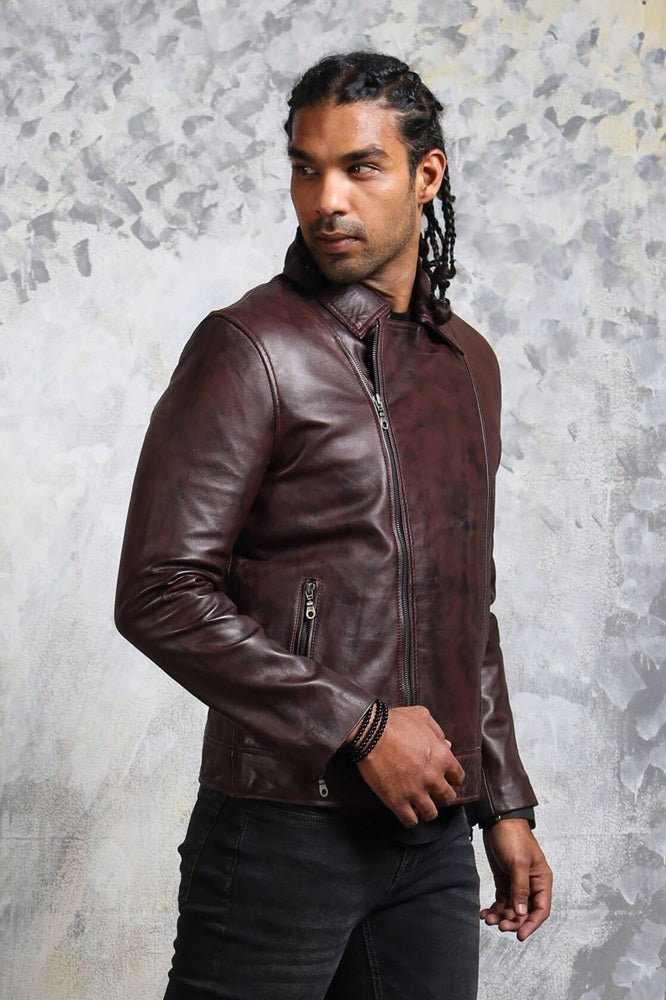 Men's Biker Brown Leather Jacket - X - Small - Dark Brown - Men's Biker Brown Leather Jacket - Tatoo Tee