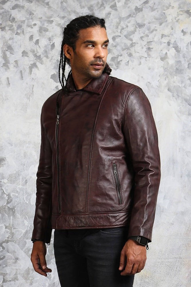Men's Biker Brown Leather Jacket - X - Small - Dark Brown - Men's Biker Brown Leather Jacket - Tatoo Tee