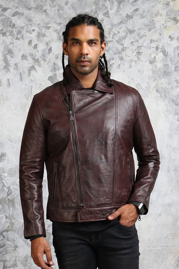 Men's Biker Brown Leather Jacket - X - Small - Dark Brown - Men's Biker Brown Leather Jacket - Tatoo Tee