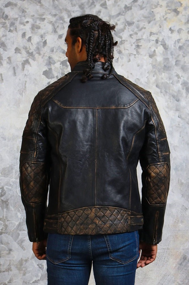 Men's Biker Distressed Leather Jacket - X - Small - Black - Men's Biker Distressed Leather Jacket - Tatoo Tee