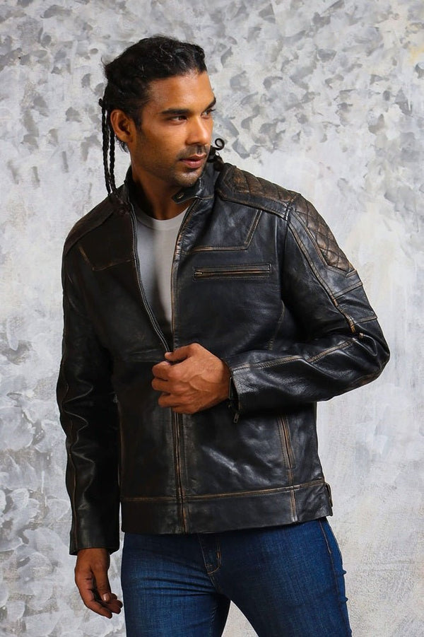 Men's Biker Distressed Leather Jacket - X - Small - Black - Men's Biker Distressed Leather Jacket - Tatoo Tee