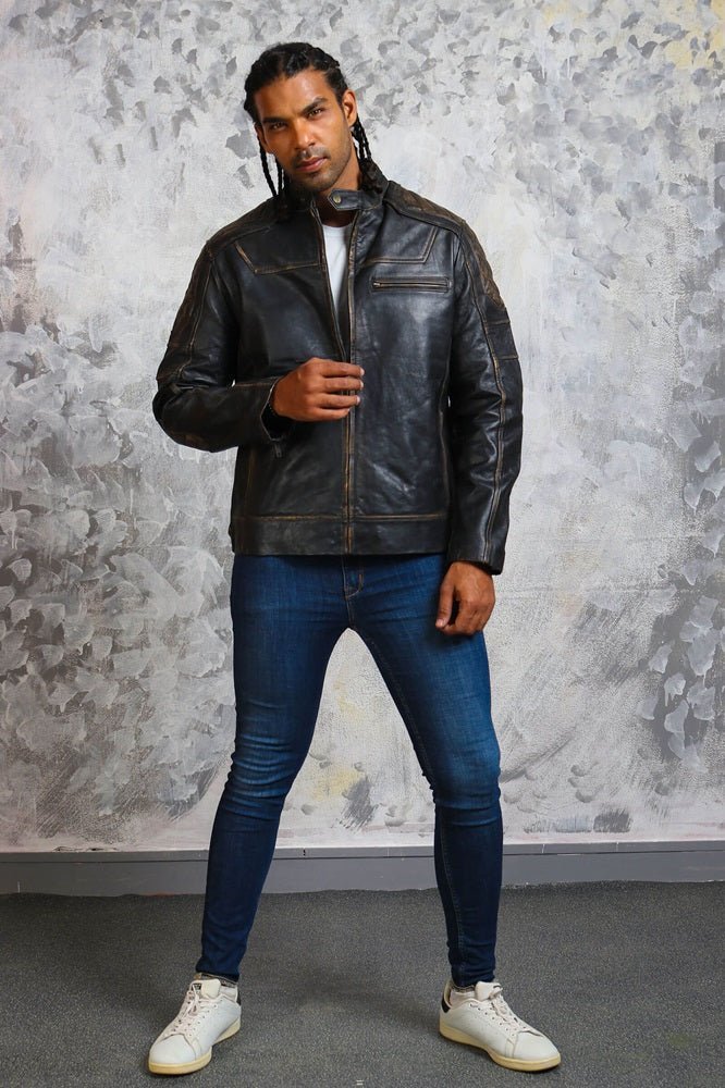 Men's Biker Distressed Leather Jacket - X - Small - Black - Men's Biker Distressed Leather Jacket - Tatoo Tee