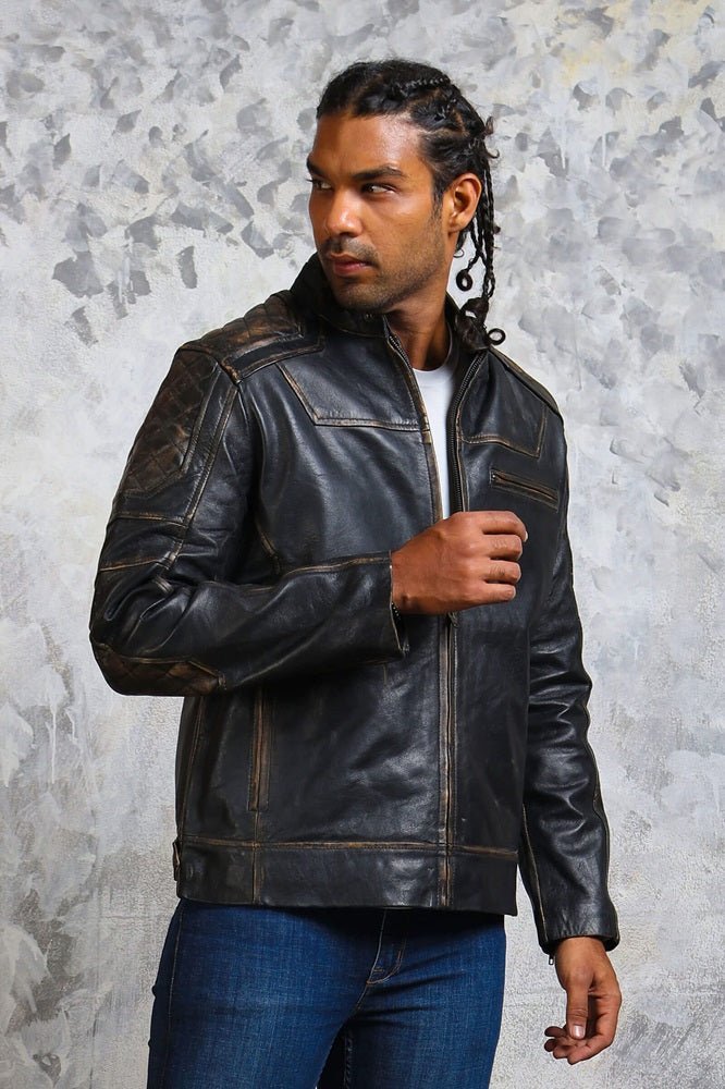 Men's Biker Distressed Leather Jacket - X - Small - Black - Men's Biker Distressed Leather Jacket - Tatoo Tee