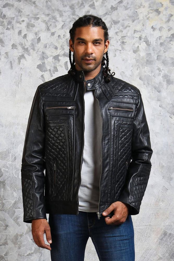 Men's Biker Leather Quilted Jacket - Skull with Wings