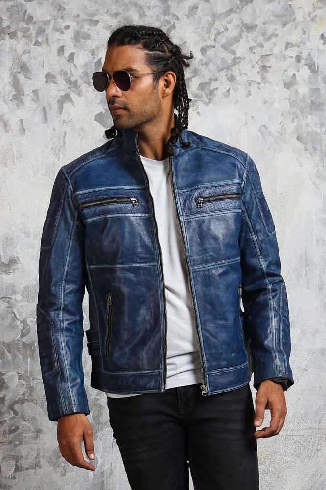 Men's Biker Perforated Blue Leather Jacket - X - Small - Blue - Men's Biker Perforated Blue Leather Jacket - Tatoo Tee