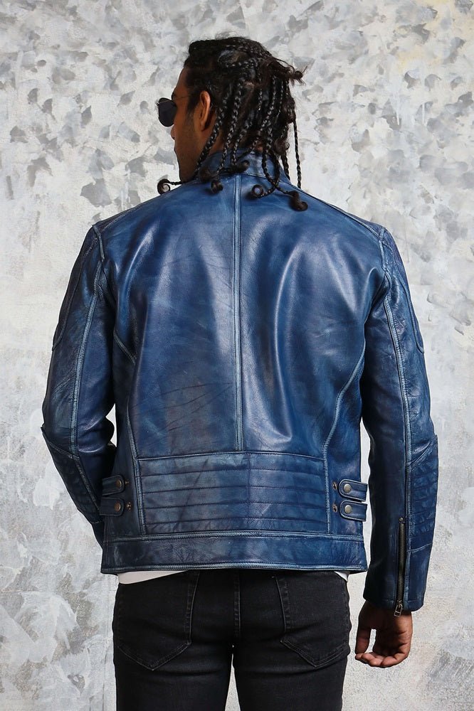 Men's Biker Perforated Blue Leather Jacket - X - Small - Blue - Men's Biker Perforated Blue Leather Jacket - Tatoo Tee