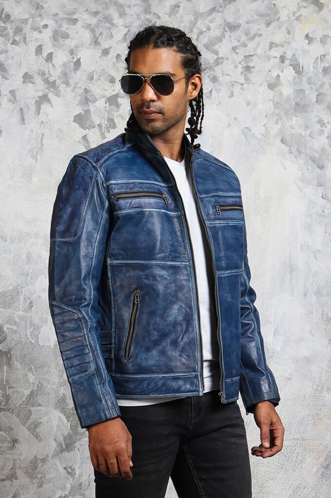 Men's Biker Perforated Blue Leather Jacket - X - Small - Blue - Men's Biker Perforated Blue Leather Jacket - Tatoo Tee