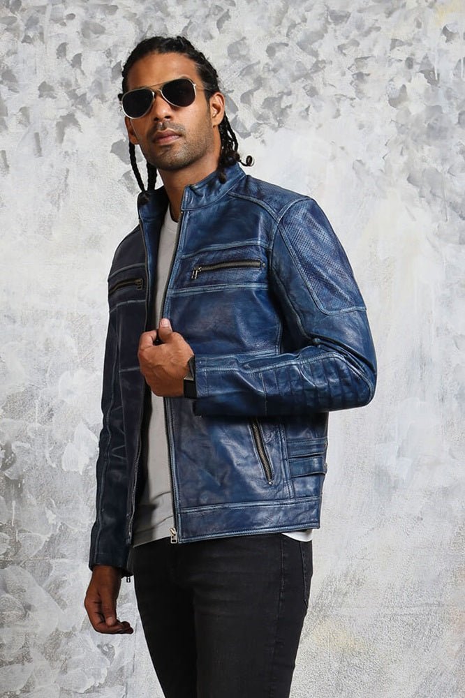 Men's Biker Perforated Blue Leather Jacket - X - Small - Blue - Men's Biker Perforated Blue Leather Jacket - Tatoo Tee