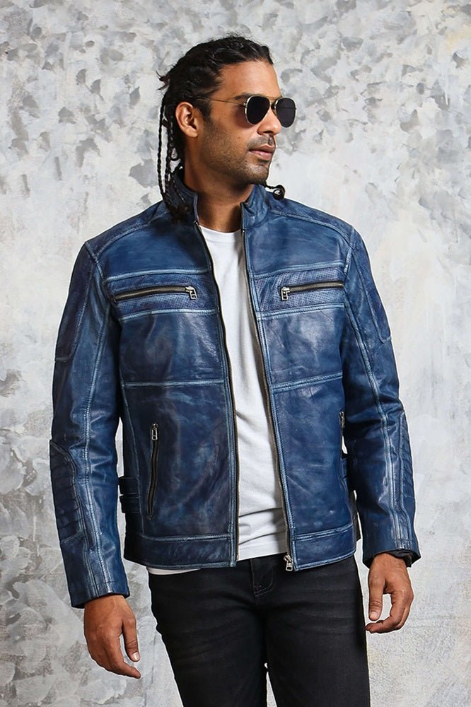 Men's Biker Perforated Blue Leather Jacket - X - Small - Blue - Men's Biker Perforated Blue Leather Jacket - Tatoo Tee