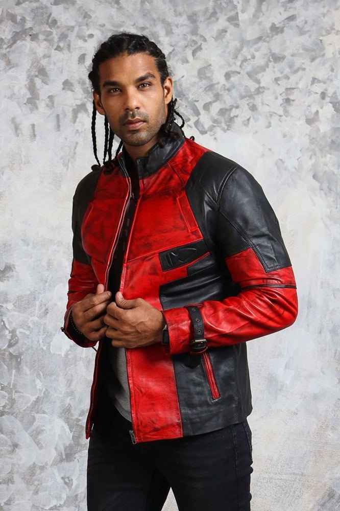 Men's Biker Red and Black Leather Jacket - X - Small - Red and Black - Men's Biker Red and Black Leather Jacket - Tatoo Tee