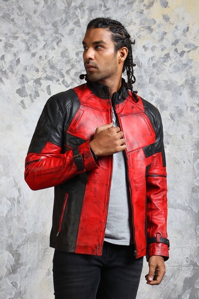 Men's Biker Red and Black Leather Jacket - X - Small - Red and Black - Men's Biker Red and Black Leather Jacket - Tatoo Tee