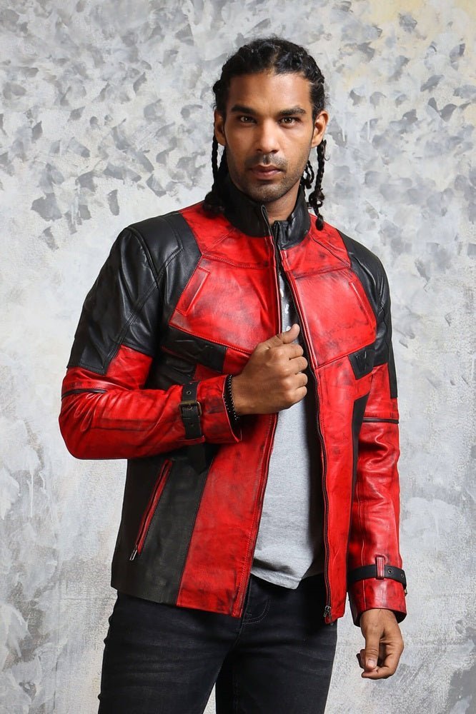 Men's Biker Red and Black Leather Jacket - X - Small - Red and Black - Men's Biker Red and Black Leather Jacket - Tatoo Tee