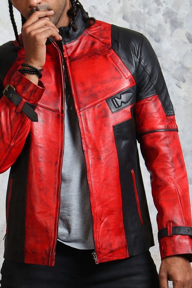 Men's Biker Red and Black Leather Jacket - X - Small - Red and Black - Men's Biker Red and Black Leather Jacket - Tatoo Tee