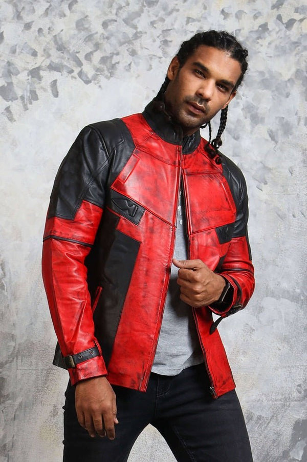 Men's Biker Red and Black Leather Jacket - X - Small - Red and Black - Men's Biker Red and Black Leather Jacket - Tatoo Tee