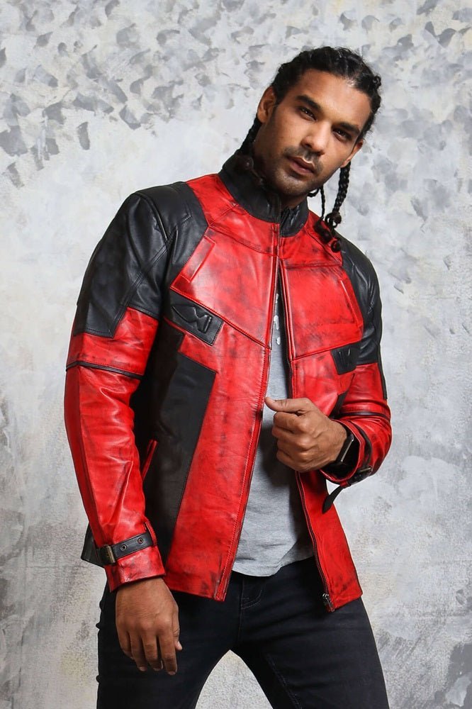 Men's Biker Red and Black Leather Jacket - X - Small - Red and Black - Men's Biker Red and Black Leather Jacket - Tatoo Tee