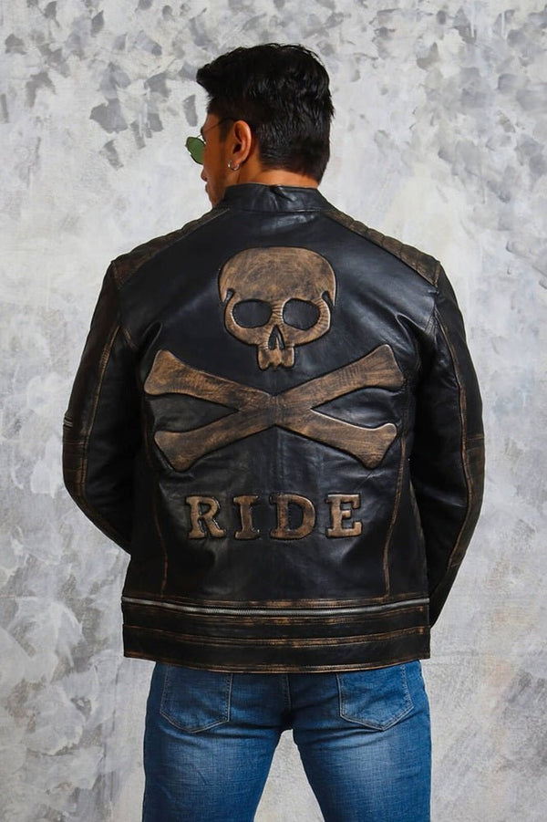 Men's Biker Skull Leather Jacket - X - Small - Black - Men's Biker Skull Leather Jacket - Tatoo Tee