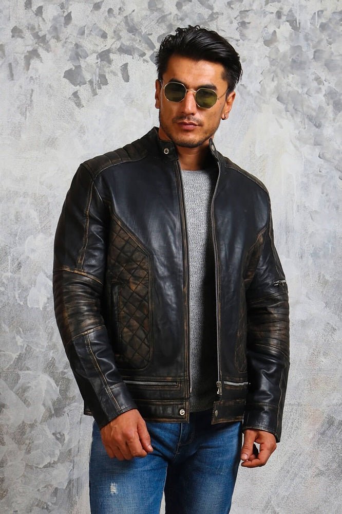 Men's Biker Skull Leather Jacket - X - Small - Black - Men's Biker Skull Leather Jacket - Tatoo Tee
