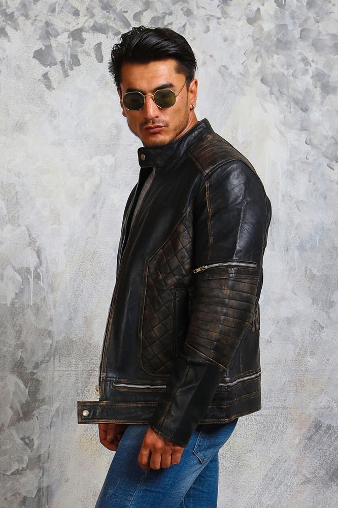 Men's Biker Skull Leather Jacket - X - Small - Black - Men's Biker Skull Leather Jacket - Tatoo Tee