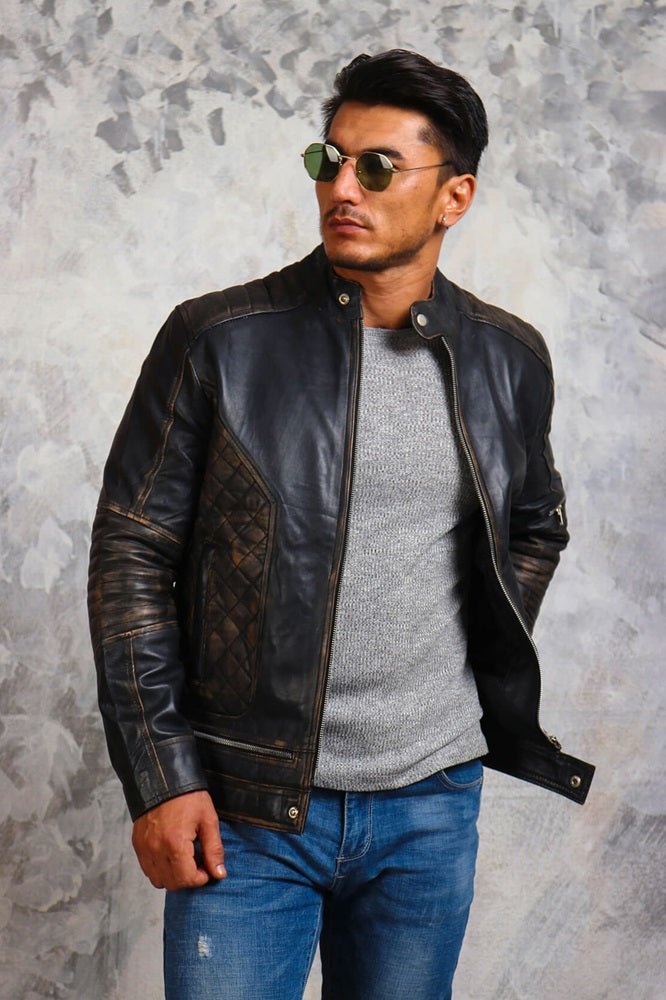 Men's Biker Skull Leather Jacket - X - Small - Black - Men's Biker Skull Leather Jacket - Tatoo Tee