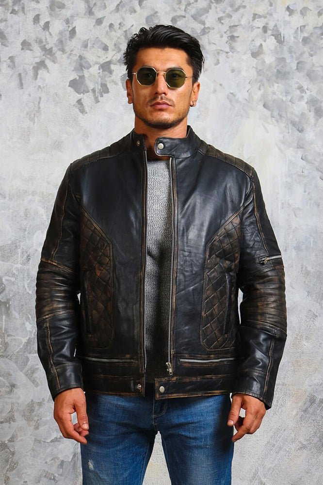 Men's Biker Skull Leather Jacket - X - Small - Black - Men's Biker Skull Leather Jacket - Tatoo Tee