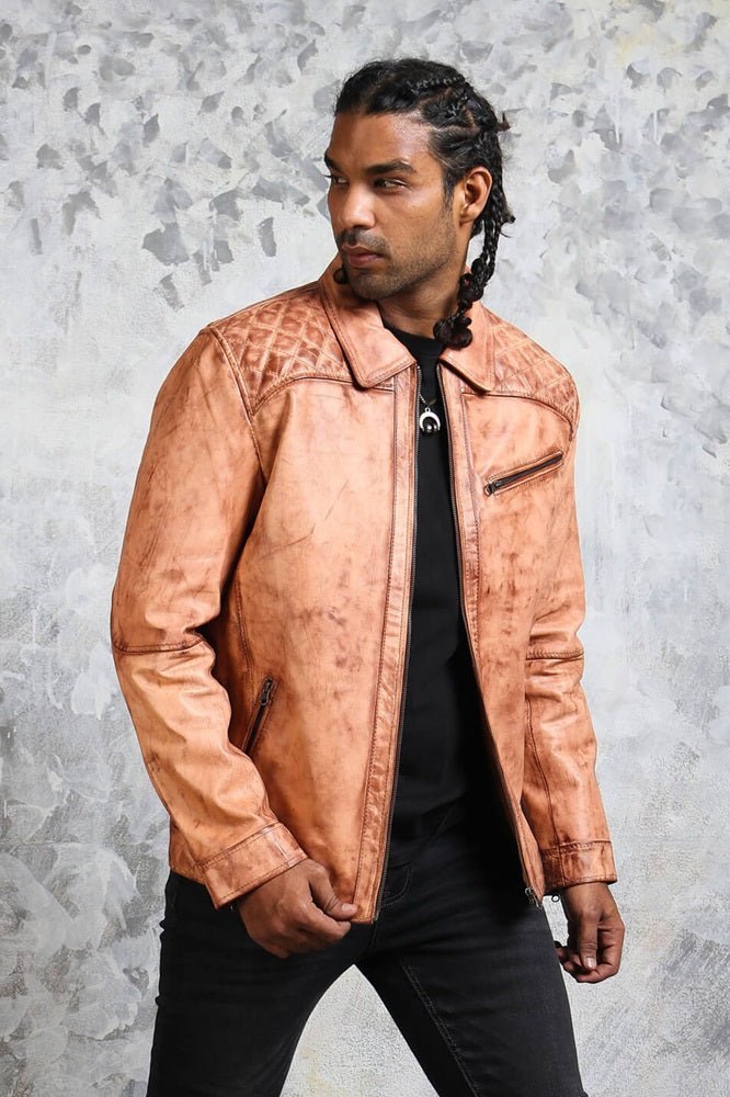 Men's Biker Tan Leather Jacket - X - Small - Tan - Men's Biker Tan Leather Jacket - Tatoo Tee