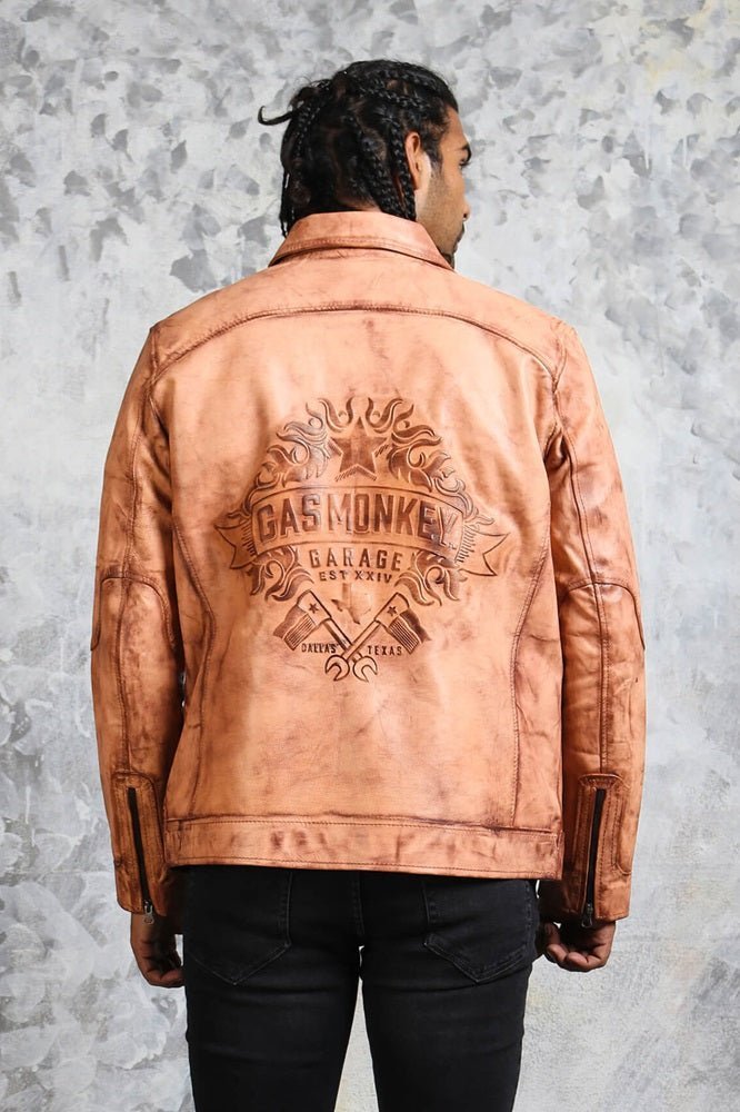 Men's Biker Tan Leather Jacket - X - Small - Tan - Men's Biker Tan Leather Jacket - Tatoo Tee