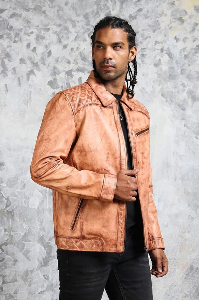 Men's Biker Tan Leather Jacket - X - Small - Tan - Men's Biker Tan Leather Jacket - Tatoo Tee