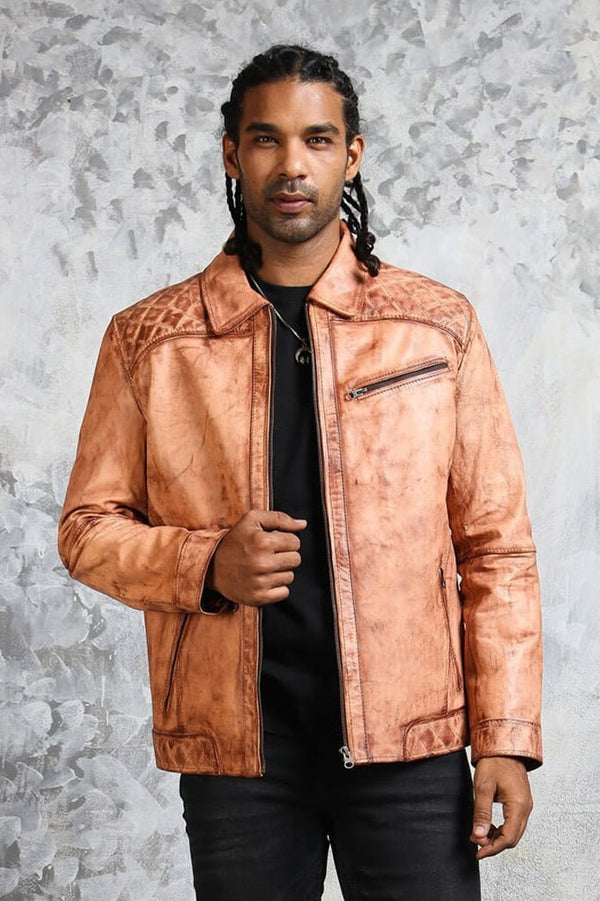 Men's Biker Tan Leather Jacket - X - Small - Tan - Men's Biker Tan Leather Jacket - Tatoo Tee