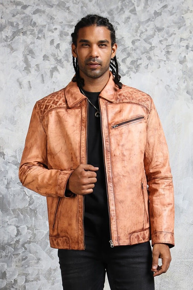 Men's Biker Tan Leather Jacket - X - Small - Tan - Men's Biker Tan Leather Jacket - Tatoo Tee