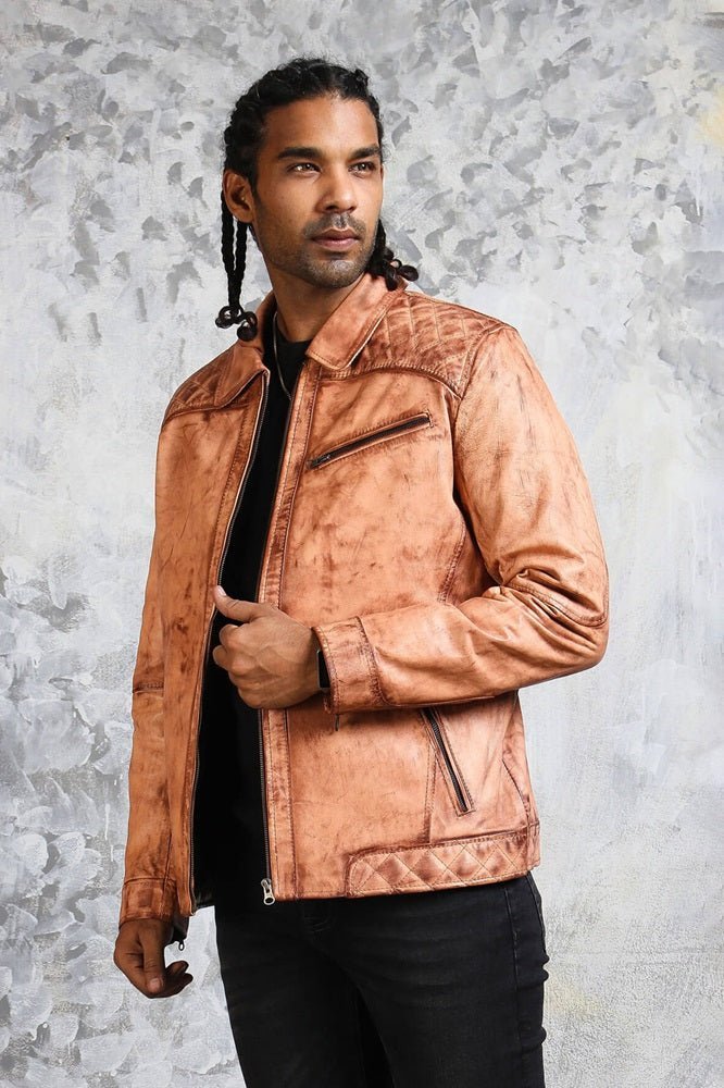 Men's Biker Tan Leather Jacket - X - Small - Tan - Men's Biker Tan Leather Jacket - Tatoo Tee